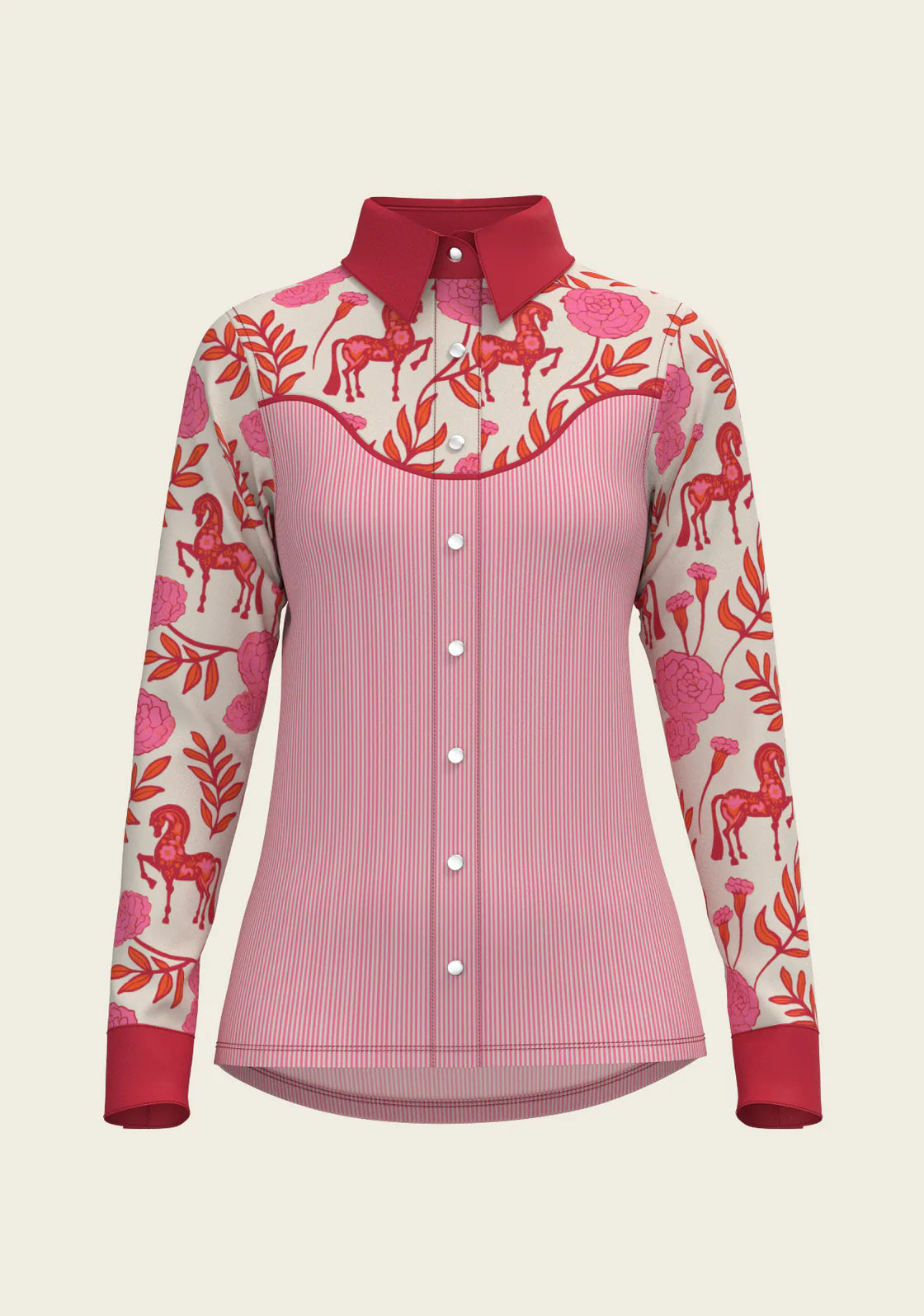 Western Peony in Pink with Stripes | Ladies Snap Shirt