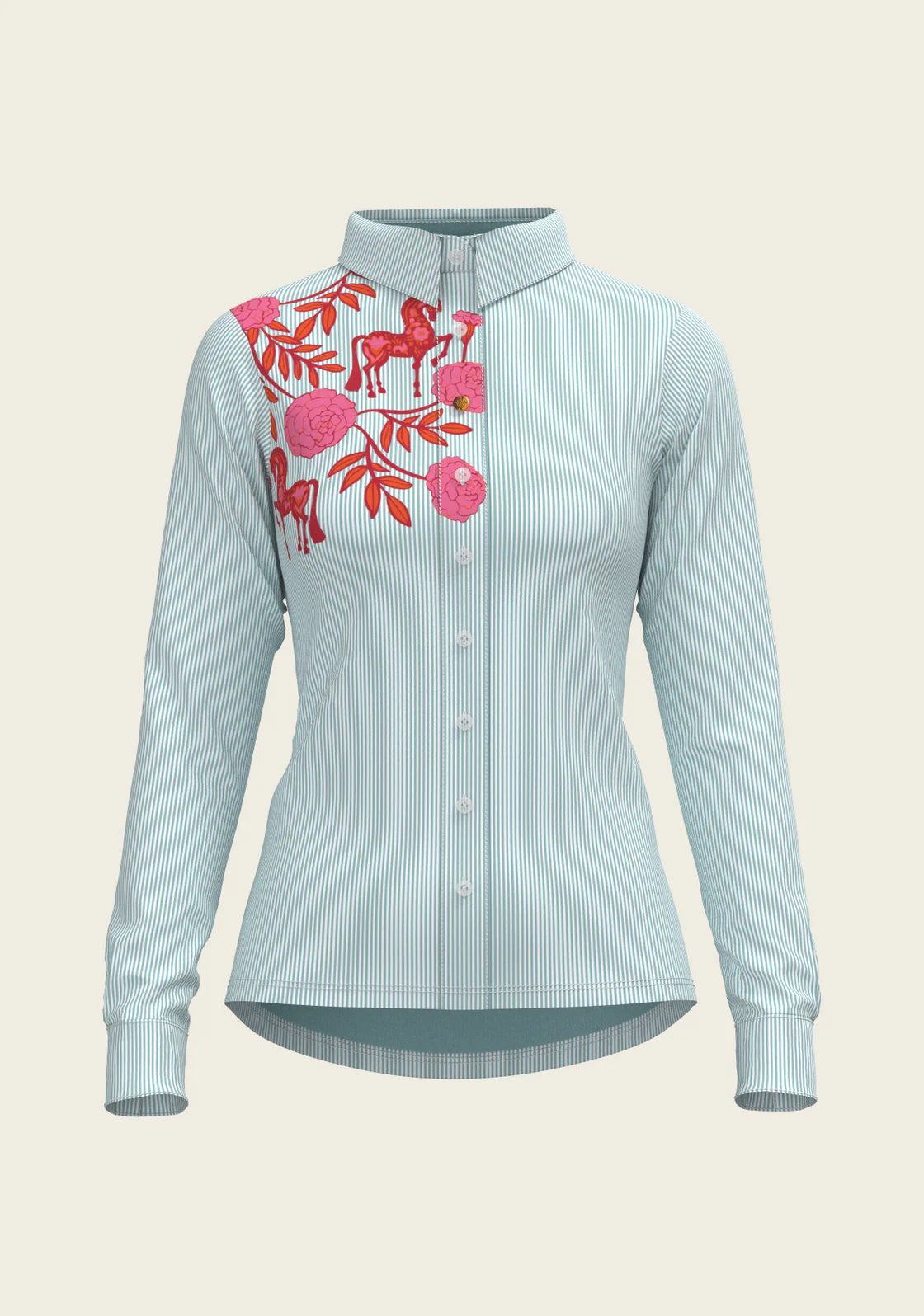 Peony in Pink on Blue Stripes | Ladies Casual Button Shirt