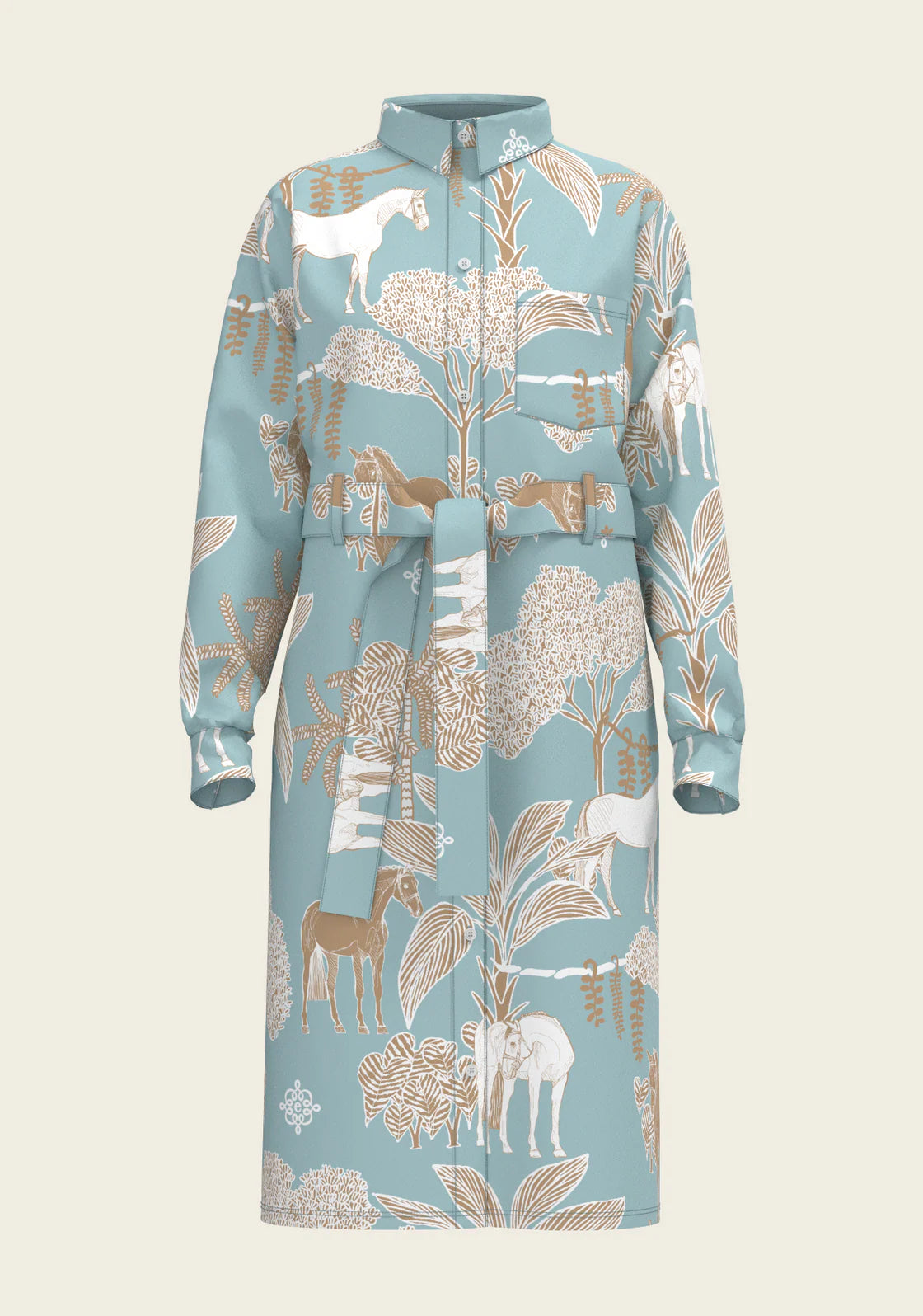 Island Horses on Sky Blue | Long Sleeve Shirt Dress